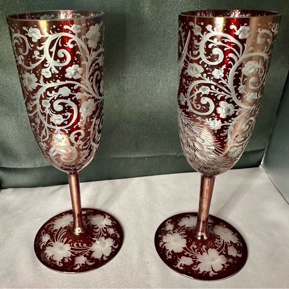 Egermann Czech Ruby Cut Crystal Champagne Flutes 1 of 10 Signed COA 2018 - Picture 4 of 16